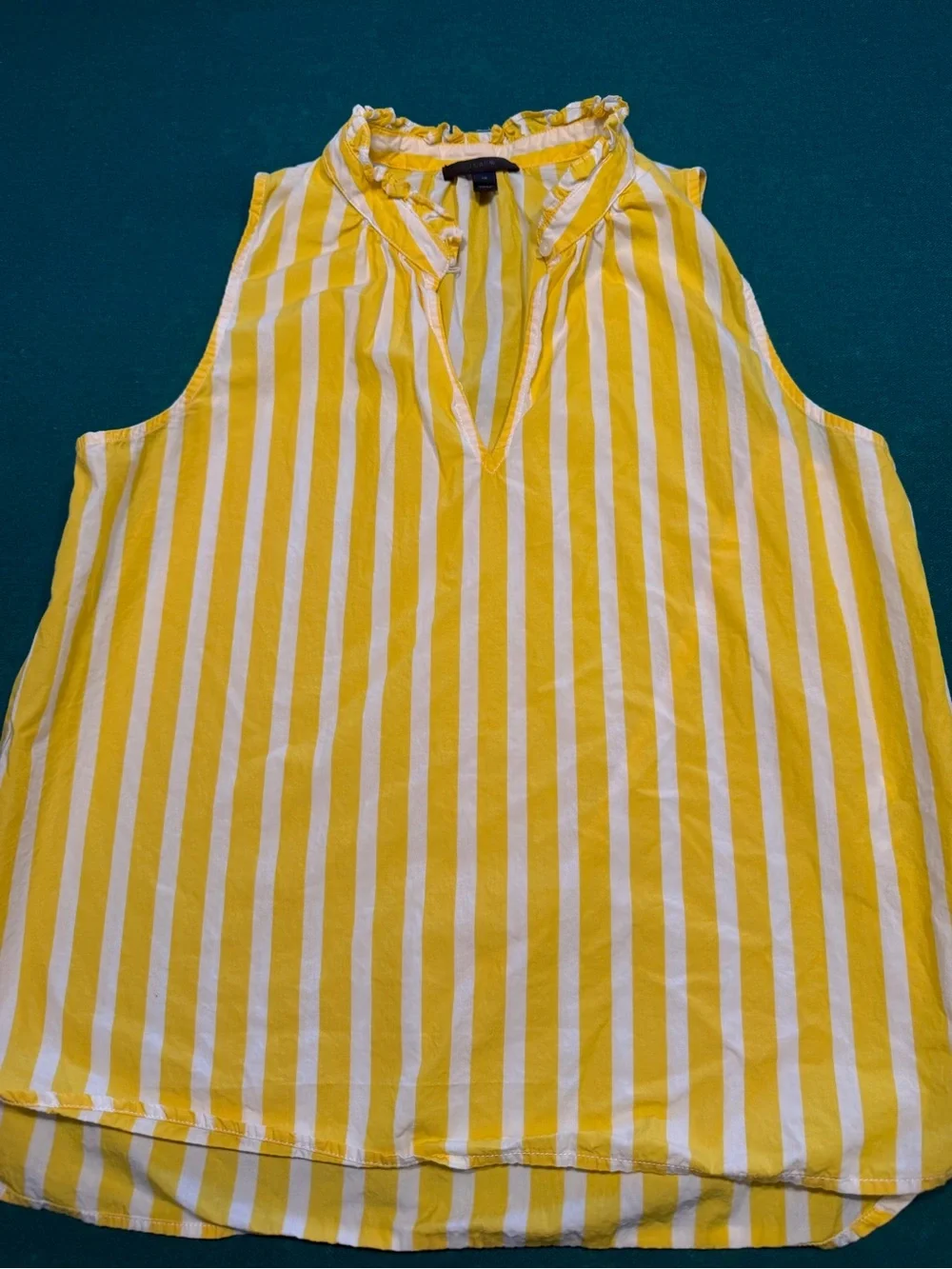 J. Crew Yellow and White Striped Ruffle V-Neck Sleeveless Top